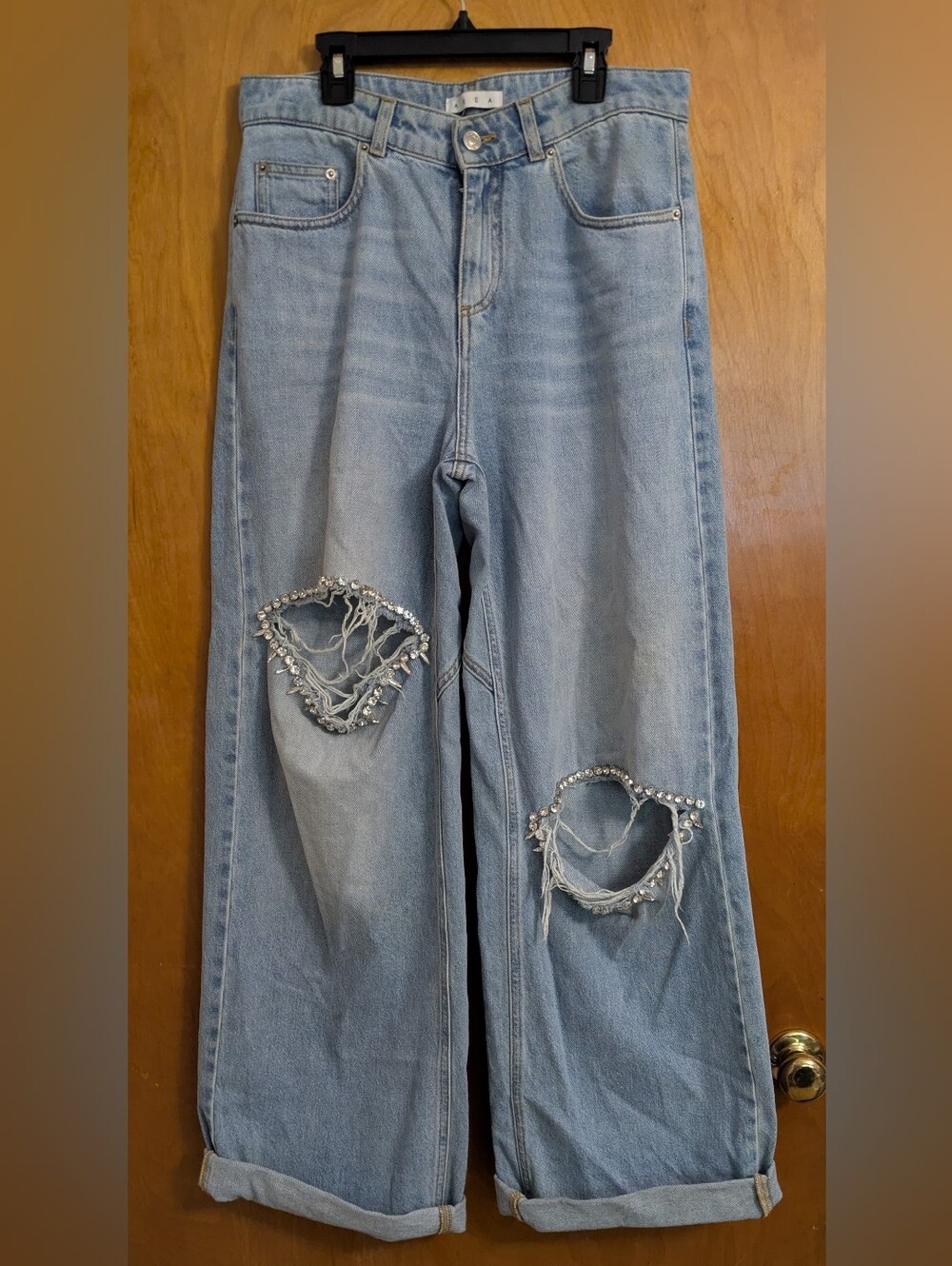 AREA Light Blue Wide-Leg Jeans with Rhinestone-Embellished Distressed Knees
